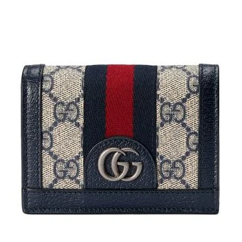 Gucci | 【预售3-7天】GUCCI/古驰 Ophidia系列 女士米色/蓝色老花帆布红蓝织带配蓝色皮革双G多隔层折叠零钱包卡包 52315596IWN4076 8折, 包邮包税, 独家减免邮费