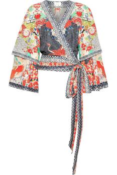 Camilla | Geisha Girl cropped embellished printed silk-jacquard wrap blouse商品图片,4.4折