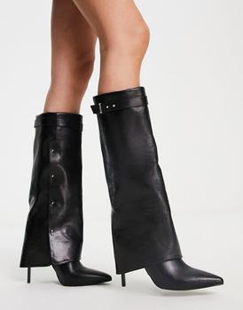 推荐ASOS DESIGN Clearly high-heeled fold over knee boots in black商品