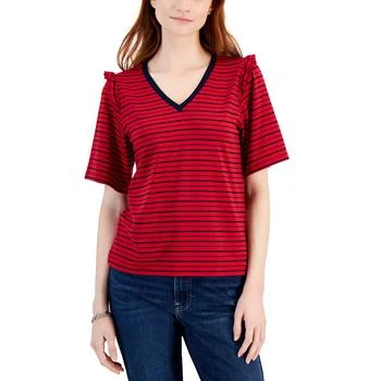 Tommy Hilfiger | Women's Striped Ruffle-Trim Boxy T-Shirt 6折×额外7折, 额外七折