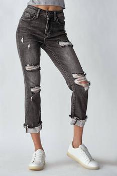 推荐High Waisted Distressed Turn Back Cuff Straight Leg Jean in Wash Black商品