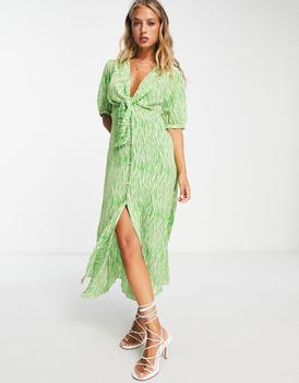 asos design, ASOS | ASOS DESIGN tie front button through midi dress in green animal print商品图片 