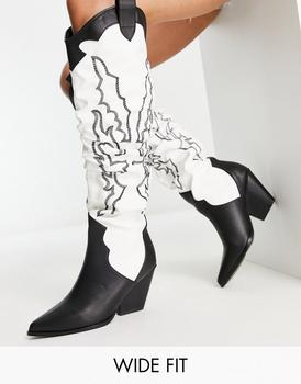 推荐Public Desire Exclusive Wide Fit Rodeo ruched over the knee cowboy boots in black and white商品