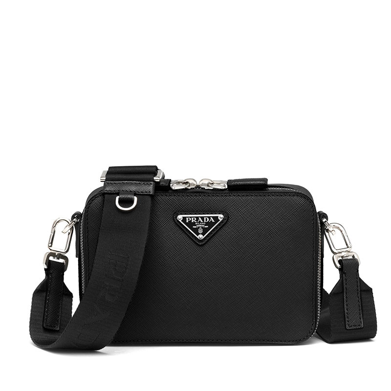 Prada | 【预售3-7天】PRADA/普拉达 22春夏新款Brique系列 男士黑色Saffiano皮革银扣三角徽标配织物肩带单肩斜跨包2VH070_9Z2_F0002_V_EMI商品图片,7.9折, 包邮包税