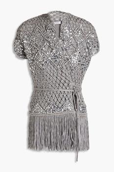 Brunello Cucinelli | Fringed sequin-embellished macramé cotton wrap sweater商品图片,2.9折