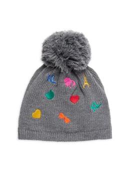 Karl Lagerfeld Paris | Embroidered Faux Fur Pom Pom Beanie商品图片,5.2折×额外7.5折, 额外七五折