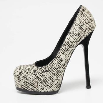 ysl高跟鞋推荐, [二手商品] Yves Saint Laurent | Saint Laurent  Cream/Black Calf Hair Tribtoo Platform Pumps Size 38.5商品图片 7.2折, 满1件减$100, 满减