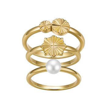 商品Cultured Pearl and Diamond-cut Flower 3-piece Ring Set图片