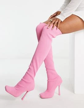 推荐Public Desire Wide Fit Bubbles over the knee knitted stiletto boots in pink商品
