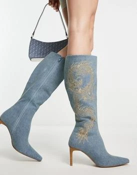 推荐ASOS DESIGN Chai dragon embroidery knee boot in denim商品