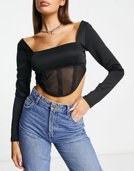 AsYou | ASYOU long sleeve mesh corset top in black 6.6折
