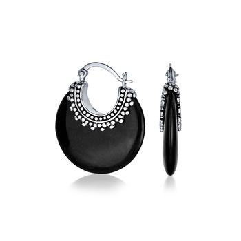 商品Bling Jewelry | Boho Western Style Tribal Genuine Black Onyx Round Half Crescent Hoop Earrings For Women Oxidized Milgrain Caviar Bead .925 Sterling Silver,商家Macy's,价格¥385图片