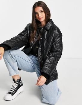 推荐ASOS DESIGN faux leather quilted puffer jacket in black - BLACK商品
