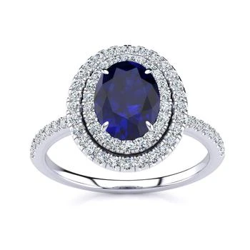SSELECTS | 1 1/2 Carat Oval Shape Created Sapphire And Double Halo Diamond Ring In Sterling Silver,商家Premium Outlets,价格¥988