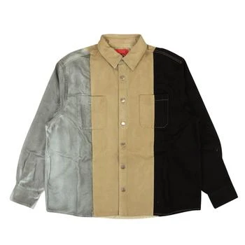 424 ON FAIRFAX | 424 On Fairfax Oversized Colorblock Denim Shirt - Gray/Black/Brown,商家Premium Outlets,价格¥577