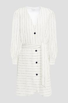 sandro连衣裙好用吗, Sandro | Misia belted metallic striped hemp-blend mini dress商品图片 4.7折