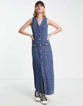 美国Topshop, Topshop | Topshop 90s midi button down dress in mid blue商品图片 