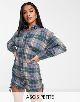ASOS | ASOS DESIGN Petite ruched bodycon mini shirt dress in blue check商品图片,