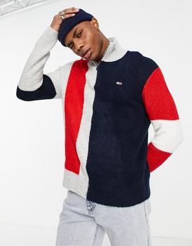 推荐Tommy Jeans flag colourblock half zip knit jumper relaxed fit in grey商品