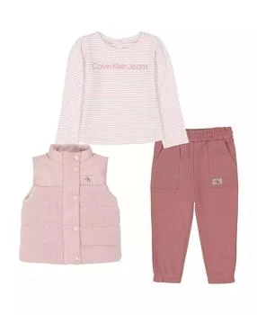 Calvin Klein | Toddler and Little Girls Fleece Berber Quilted Vest, Long Sleeve Striped Tee Fleece Joggers, 3-Piece Set,商家Macy's,价格¥361