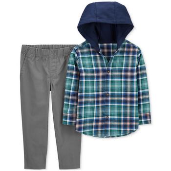 商品Toddler Boys Plaid Hooded Button-Front Shirt and Pants, 2 Piece Set图片