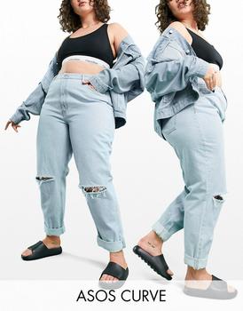 ASOS | ASOS DESIGN Curve high rise 'slouchy' mom jeans brightwash with rips商品图片,6折
