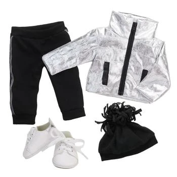 Sophia’s Silver Metallic Jacket, Black Side Stripe Joggers, Sneakers, & Hat for 18” Dolls, Silver/Black