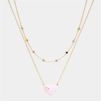 推荐Coach Women's Enamel C Heart Double Chain Necklace - Gold/Pink Multi商品