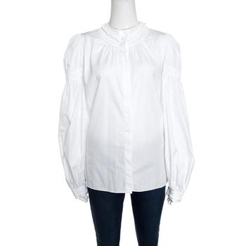 [二手商品] Alexander McQueen | Alexander McQueen White Ruffled Gathered Trim Detail Long Sleeve Blouse M商品图片,3.6折