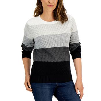 Karen Scott | Women's Cable Crewneck Gemma Stripe Sweater, Created for Macy's商品图片,3.8折