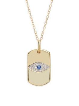 推荐14K Yellow Gold, Diamond & Sapphire Evil Eye Dog Tag Pendant Necklace商品