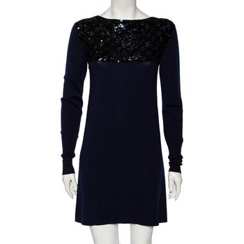 lv女装, [二手商品] Louis Vuitton | Louis Vuitton Navy Blue Wool & Sequin Embellished Monogram Detailed Dress XS商品图片 5.3折, 满1件减$100, 满减