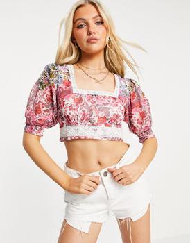 推荐Hope & Ivy puff sleeve crop top co-ord with contrast lace and shirred back in floral商品