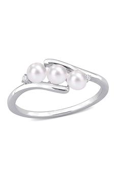 商品DELMAR | Sterling Silver Triple 4mm Cultured Freshwater Pearl & Diamond Ring - 0.02 ctw,商家Nordstrom Rack,价格¥283图片
