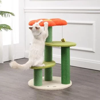 THE LICKER STORE | Poppy 29" 3-Tier Modern Jute Flower Cat Tree with Dangling Toy, Orange/Green,商家Premium Outlets,价格¥1325
