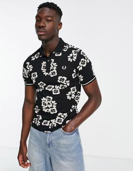 fred perry polo衣服, Fred Perry | Fred Perry floral print polo shirt in black商品图片 