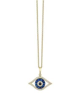 商品Effy | Novelty 14K Yellow Gold, Sapphire, White & Black Diamond Evil Eye Pendant Necklace,商家Saks OFF 5TH,价格¥4818图片