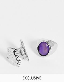 Reclaimed Vintage | Reclaimed Vintage inspired unisex ring two pack with moodstone and butterfly in silver商品图片,7.6折