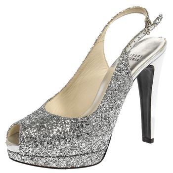 stuart weitzman凉鞋代购, [二手商品] Stuart Weitzman | Stuart Weitzman Silver Coarse Glitter Peep Toe Slingback Sandals Size 38.5商品图片 4.2折