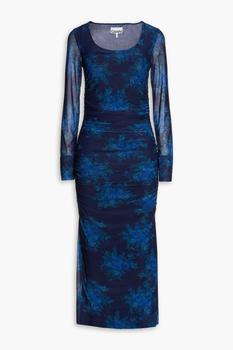 ganni floral pleated shirtdress, Ganni | Ruched floral-print mesh midi dress商品图片 4折