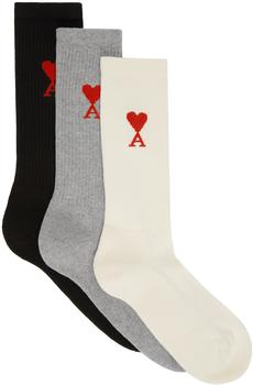 AMI | Three-Pack Multicolor Ami de Cœur Socks商品图片,额外8.5折, 独家减免邮费, 额外八五折