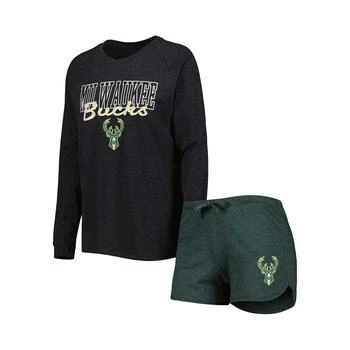 Concepts Sport | Women's Heather Black, Heather Hunter Green Milwaukee Bucks Team Raglan Long Sleeve T-shirt and Shorts Sleep Set,商家Macy's,价格¥406