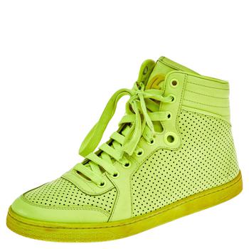 古驰高帮鞋, [二手商品] Gucci | Gucci Neon Green Perforated Leather Lace Up High Top Sneakers Size 38.5商品图片 5.3折