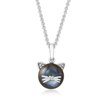 商品Ross-Simons 9-9.5mm Black Cultured Pearl Cat Pendant Necklace With Diamond Accents in Sterling Silver,商家Premium Outlets,价格¥871图片