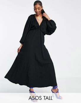 推荐ASOS DESIGN Tall textured plunge maxi dress with batwing sleeve in black商品