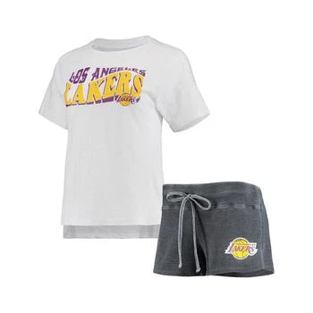 Concepts Sport | Women's Charcoal, White Los Angeles Lakers Resurgence Slub Burnout Raglan T-shirt and Shorts Sleep Set,商家Macy's,价格¥406