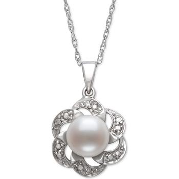 Belle de Mer | Cultured Freshwater Button Pearl (8mm) & Diamond Accent Flower 18" Pendant Necklace in Sterling Silver商品图片,2.2折