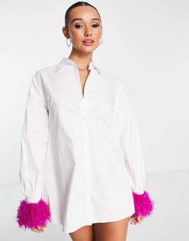 推荐Jaded Rose balloon sleeve shirt dress in white with bright faux feather cuffs商品