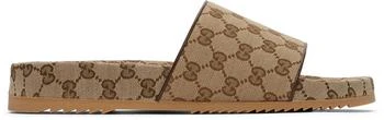 推荐Beige Canvas GG Slide Sandals商品