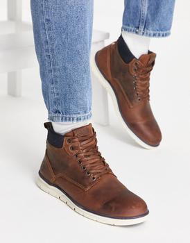 推荐Jack and Jones leather lace up ankle boots in brown商品